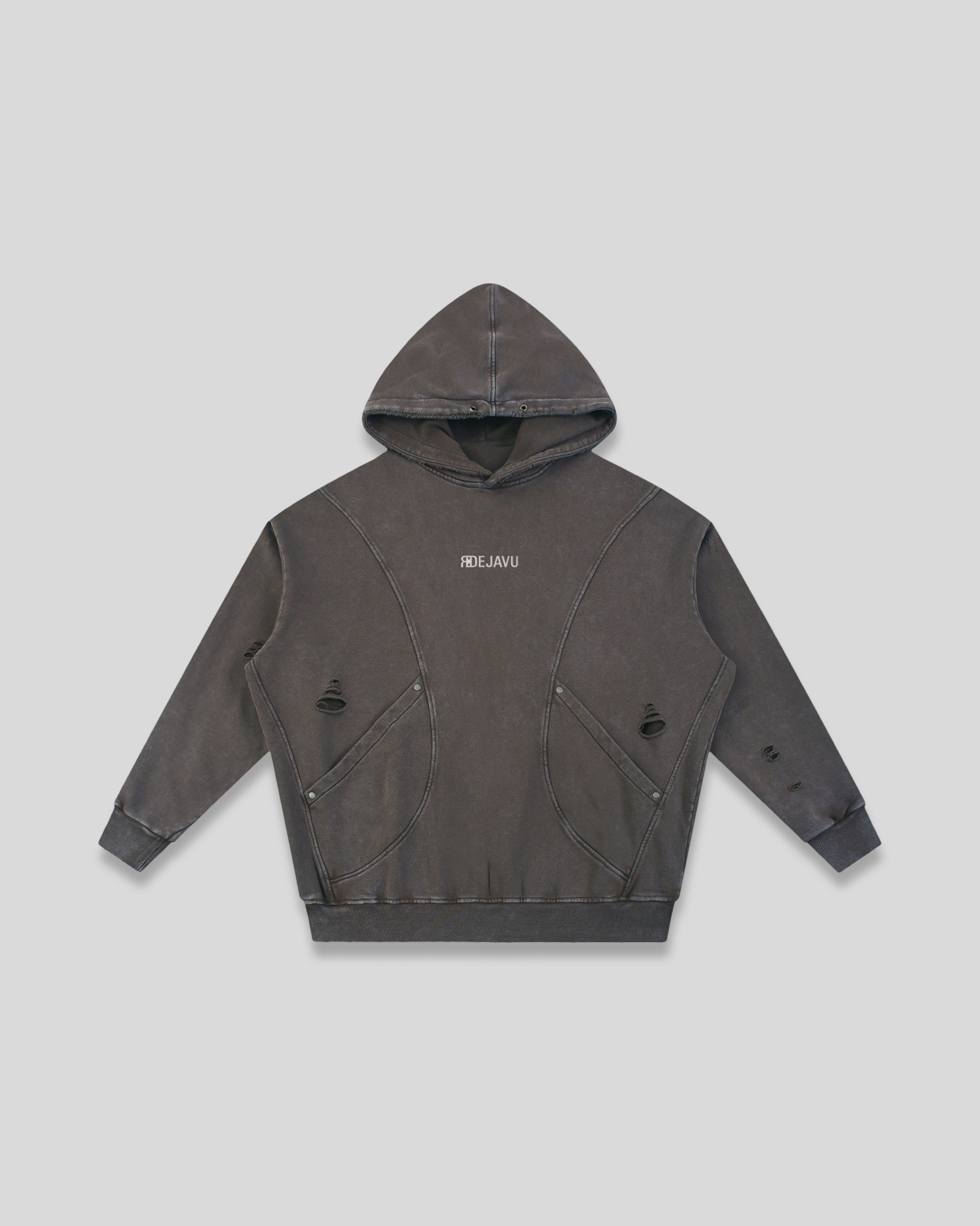 RE:VISION X DEJAVU  Snow Washed Distressed Panel Pocket Hoodie