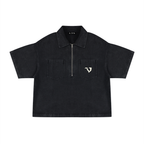 Unisex Vintage Wash Boxy Quarter-Zip Denim Shirt
