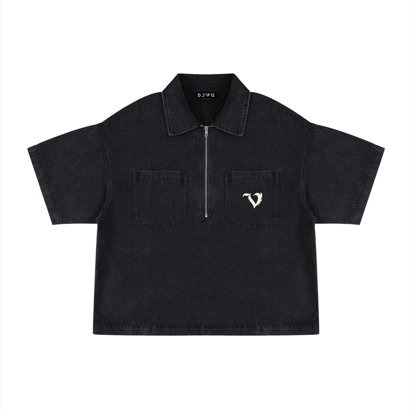 Unisex Vintage Wash Boxy Quarter-Zip Denim Shirt