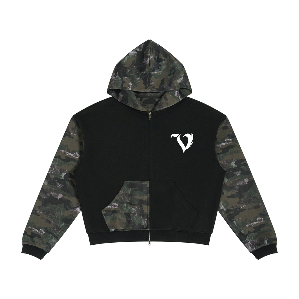 Unisex Colorblock Camo Full Zip Boxy Hoodie
