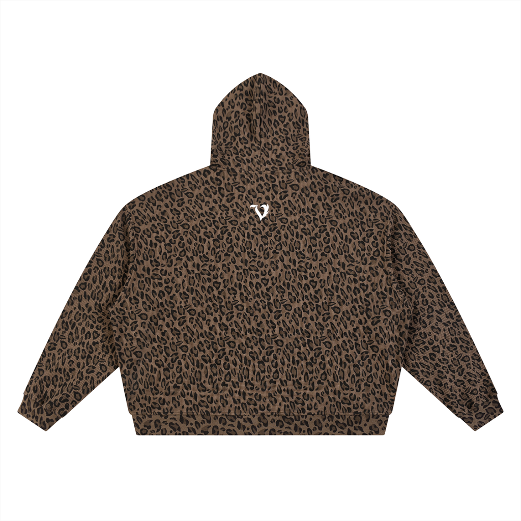 DEJAVU Unisex Leopard Print Waffle Full Zip Hoodie