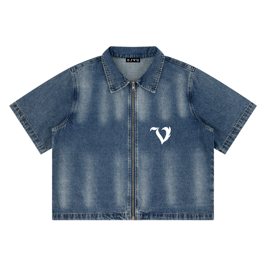 Unisex Vintage Washed Full-Zip Denim Shirt