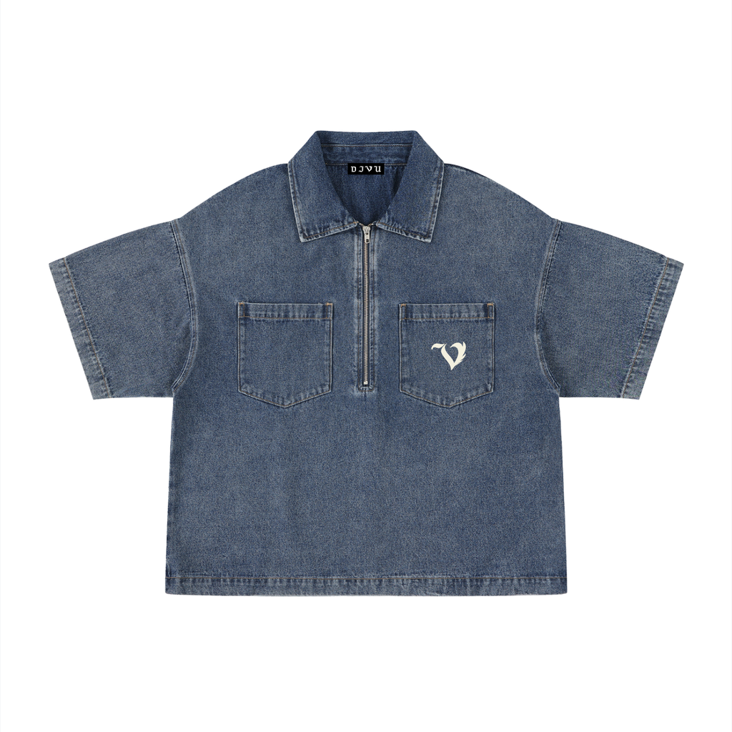 Unisex Vintage Wash Boxy Quarter-Zip Denim Shirt
