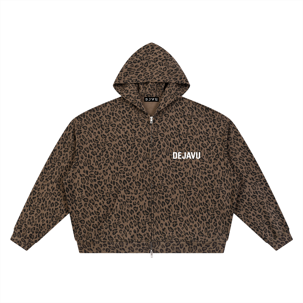 DEJAVU Unisex Leopard Print Waffle Full Zip Hoodie