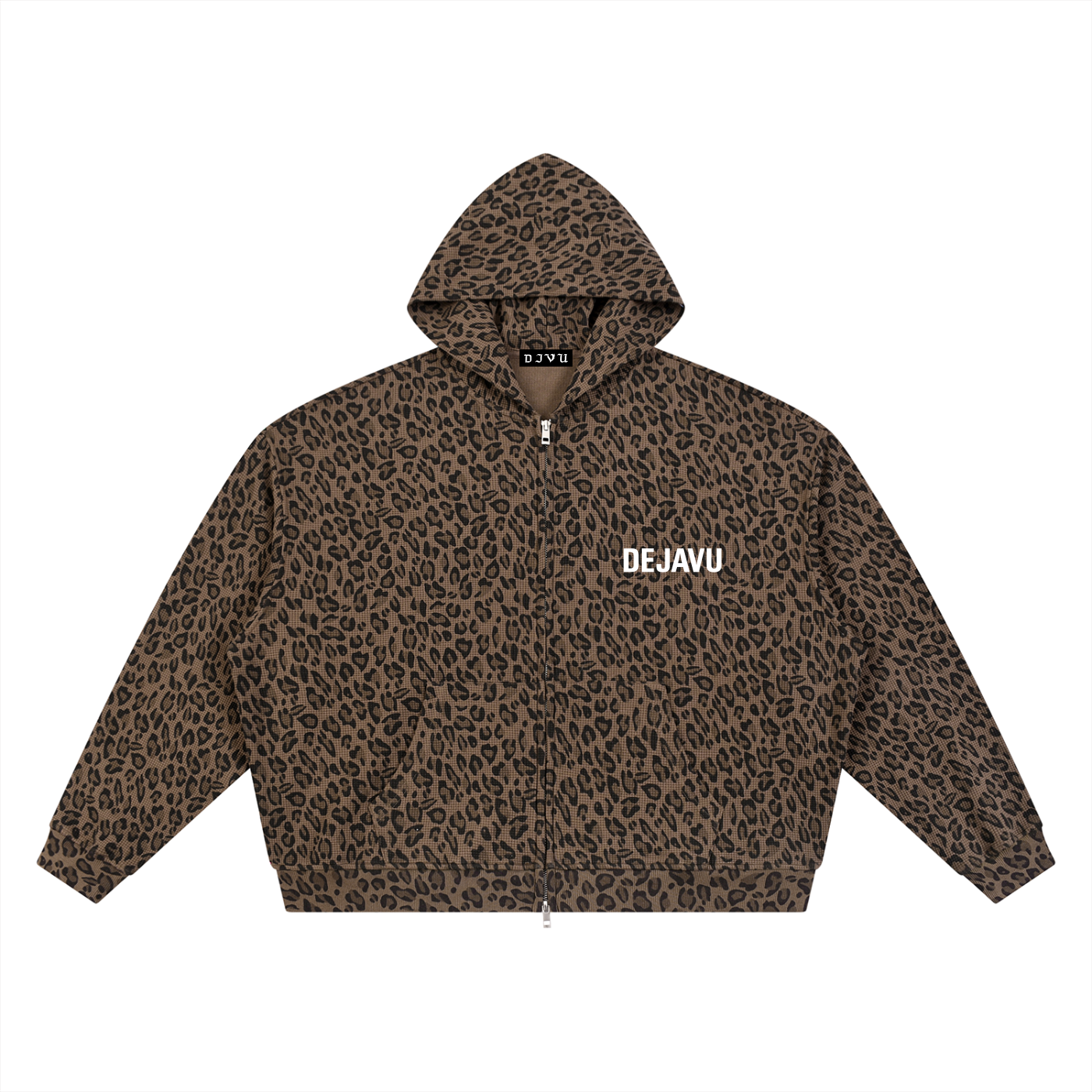 DEJAVU Unisex Leopard Print Waffle Full Zip Hoodie