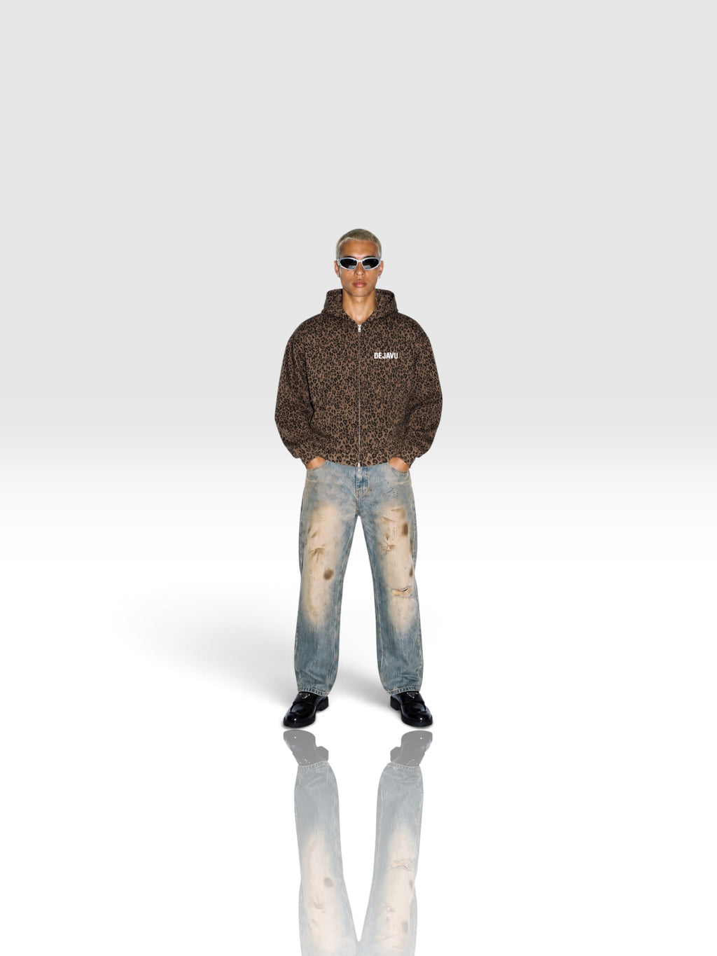 DEJAVU Unisex Leopard Print Waffle Full Zip Hoodie