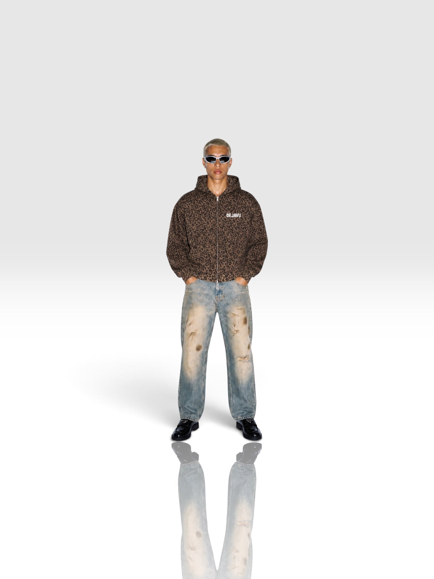 DEJAVU Unisex Leopard Print Waffle Full Zip Hoodie