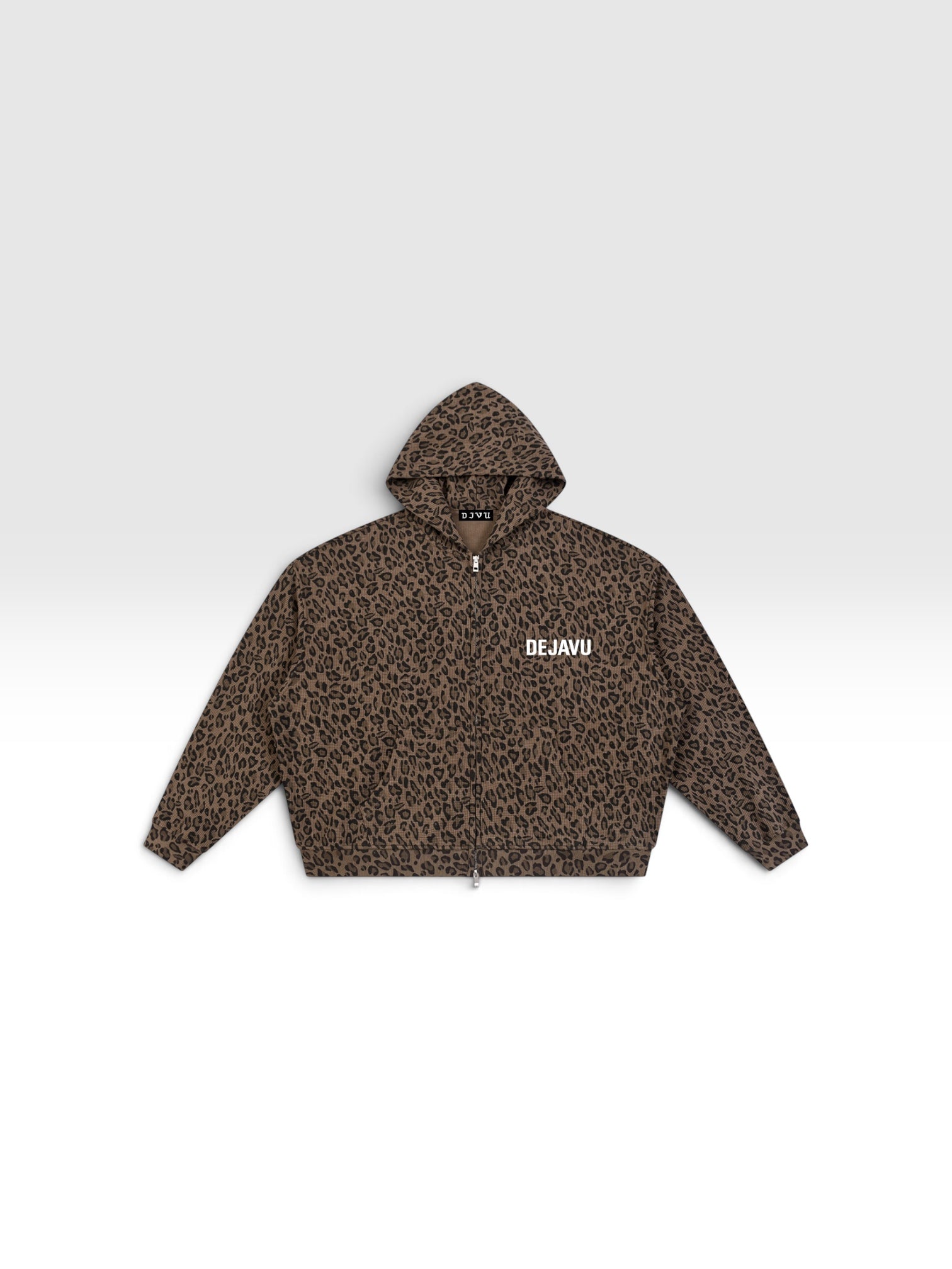 DEJAVU Unisex Leopard Print Waffle Full Zip Hoodie