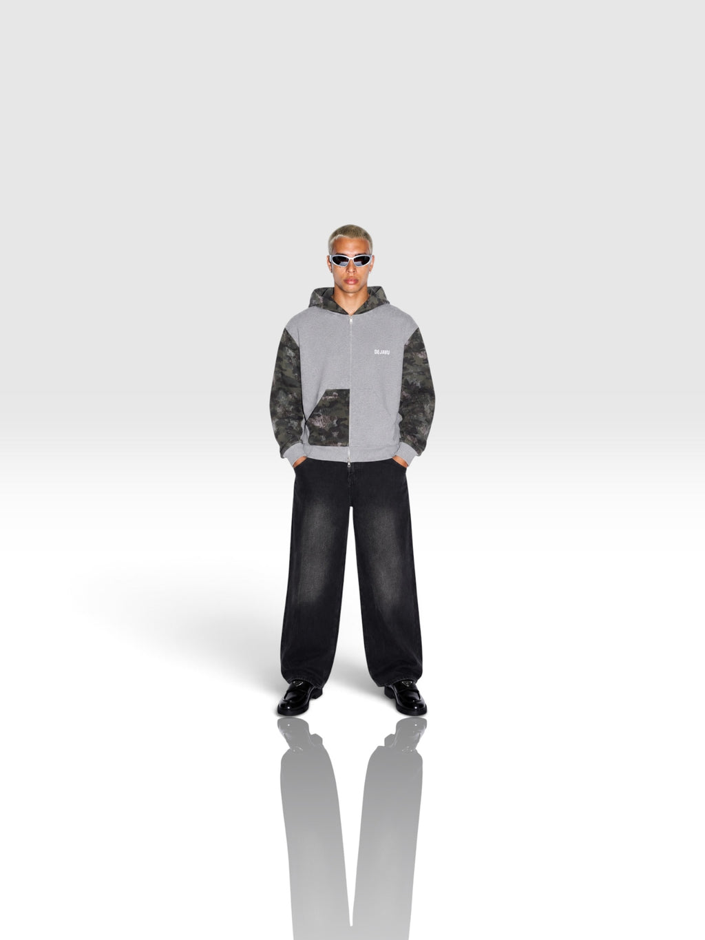 DEJAVU Unisex Colorblock Camo Full Zip Boxy Hoodie