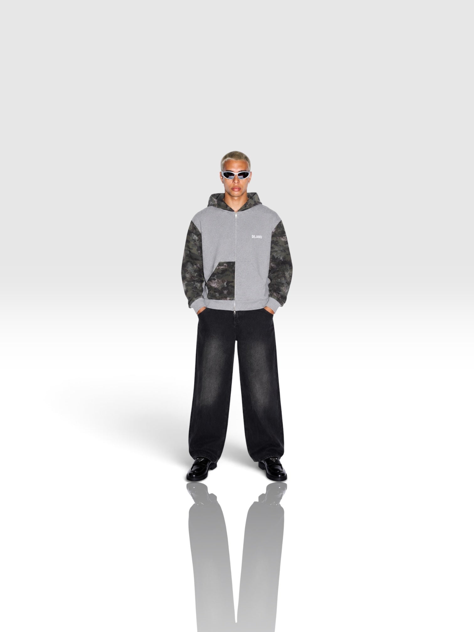 DEJAVU Unisex Colorblock Camo Full Zip Boxy Hoodie