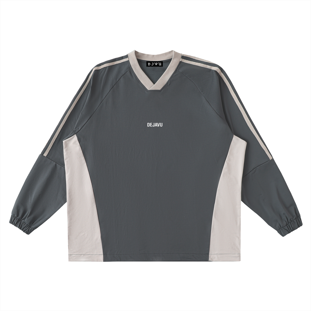 DEJAVU Color-Block V-Neck Long-Sleeve T-Shirt