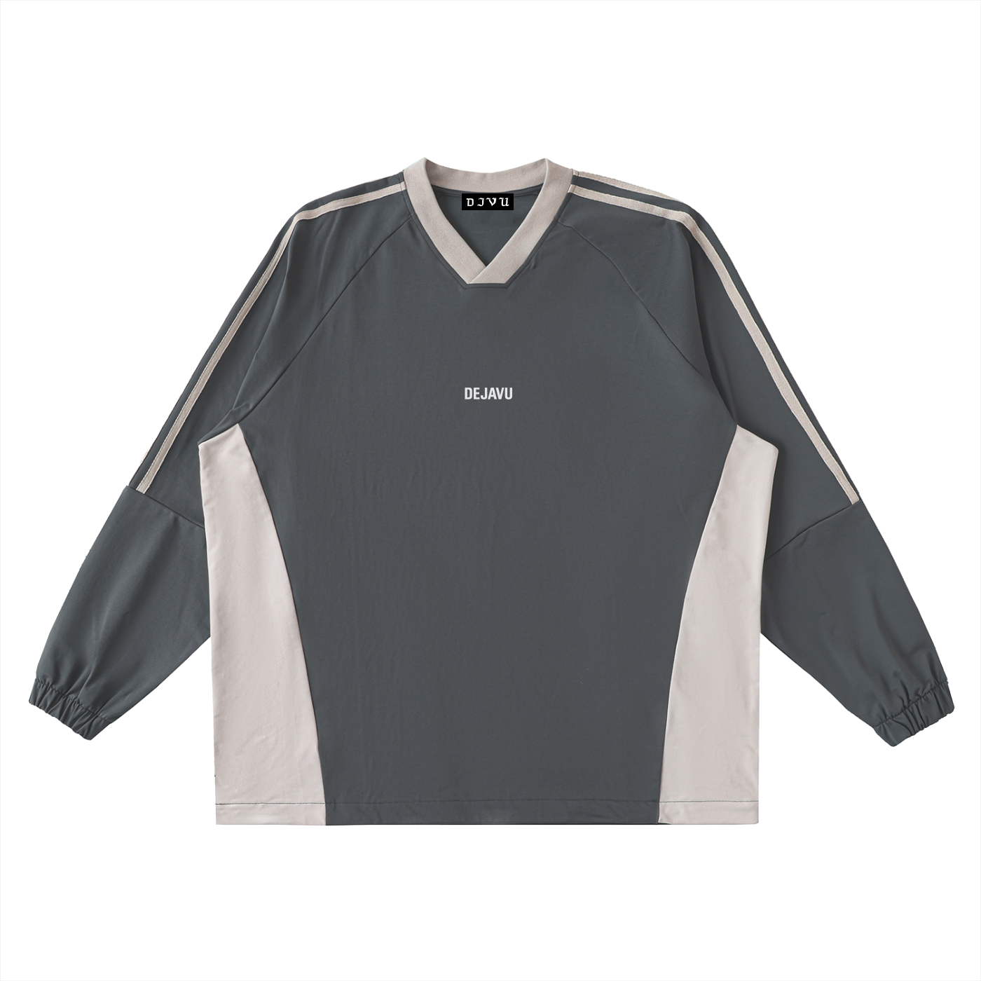 DEJAVU Color-Block V-Neck Long-Sleeve T-Shirt
