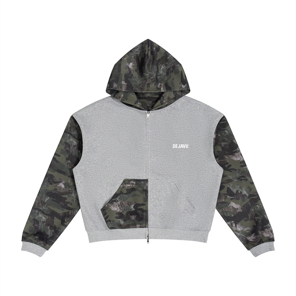 Unisex Colorblock Camo Full Zip Boxy Hoodie